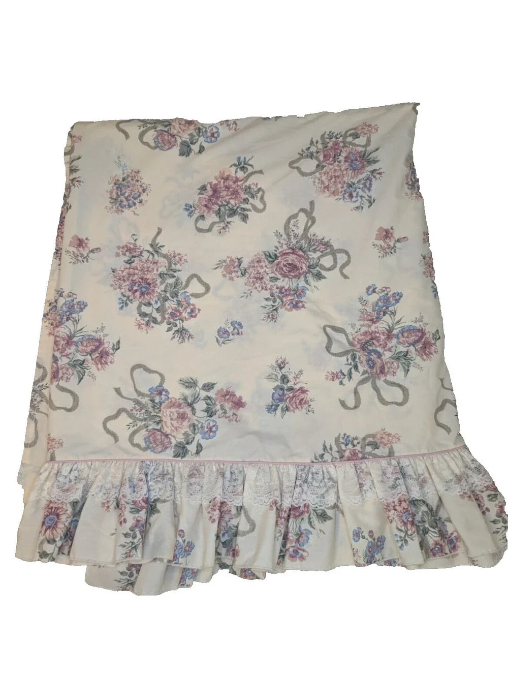 Vintage Flat Sheet Full Floral Ruffle Lace Shabby French Country Cottagecore